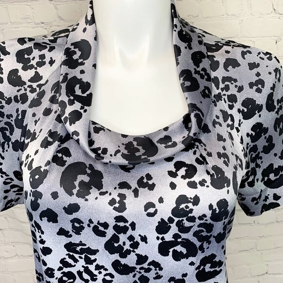 JM COLLECTION SILKY GRAY LEOPARD COWL NECK TOP 16 - Picture 2 of 4